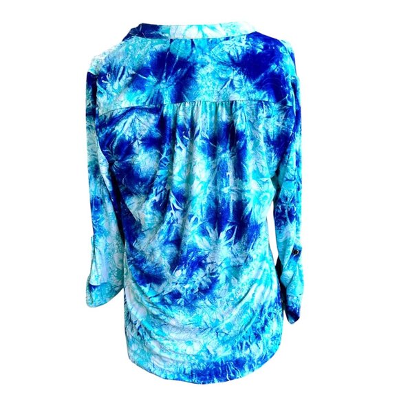 New Directions Tunic Top PM Petite Medium Blue Tie Dye Roll Tab Sleeves … - Picture 7 of 12